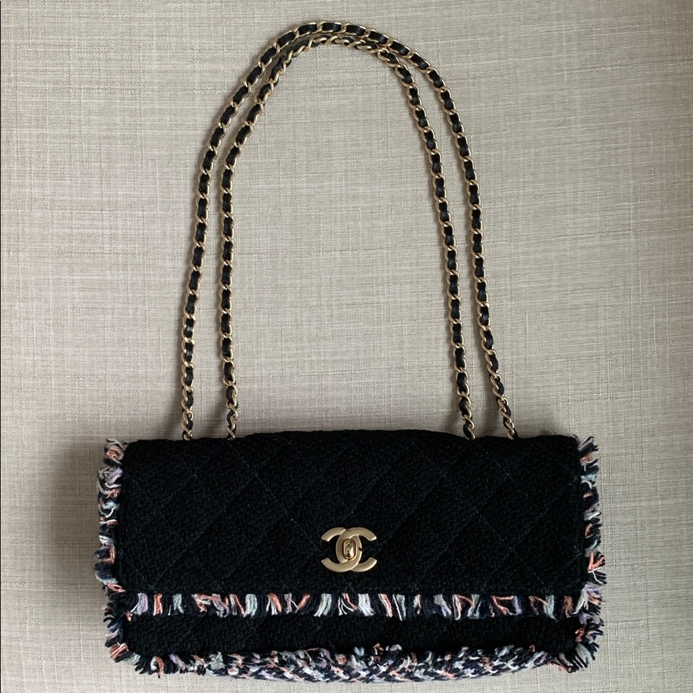 CHANEL East West RARE Black Pink Blue Green Purple Tweed Fringe Quilted Bag Gold